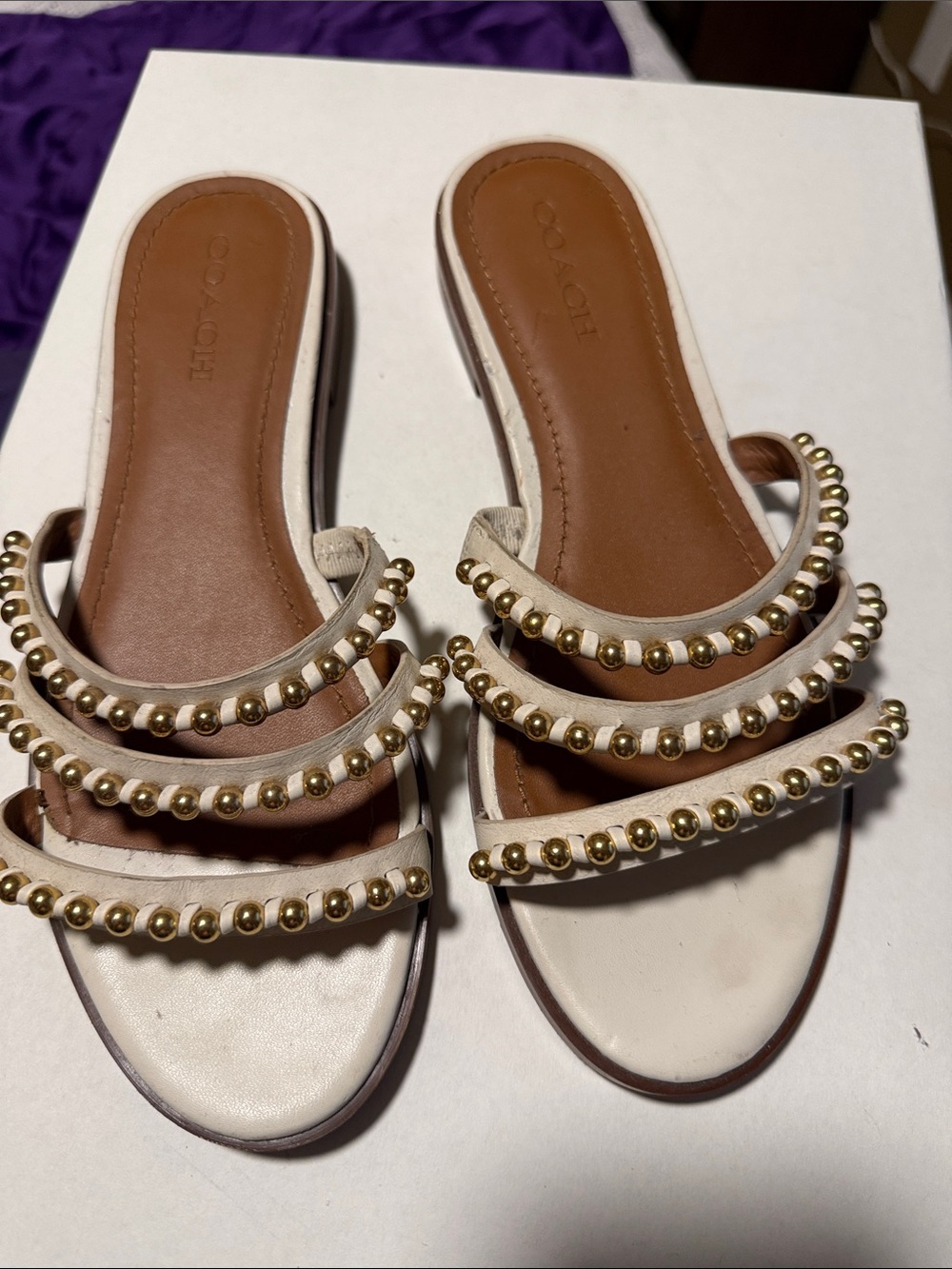 Coach Cream Slide Sandals with Gold Bead Straps